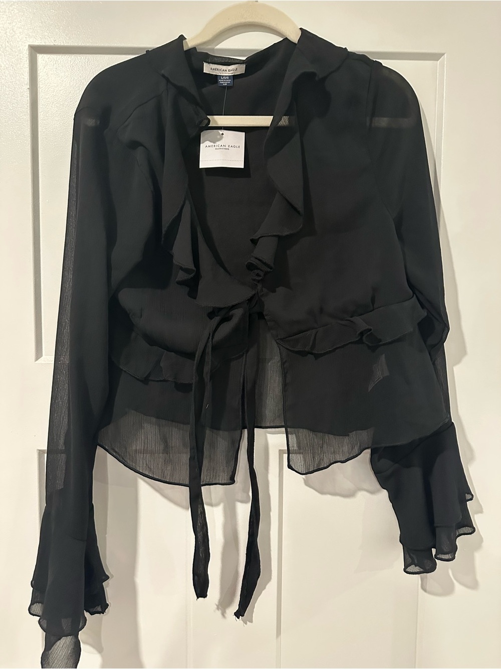 Black Ruffle Tie-Front Sheer Blouse